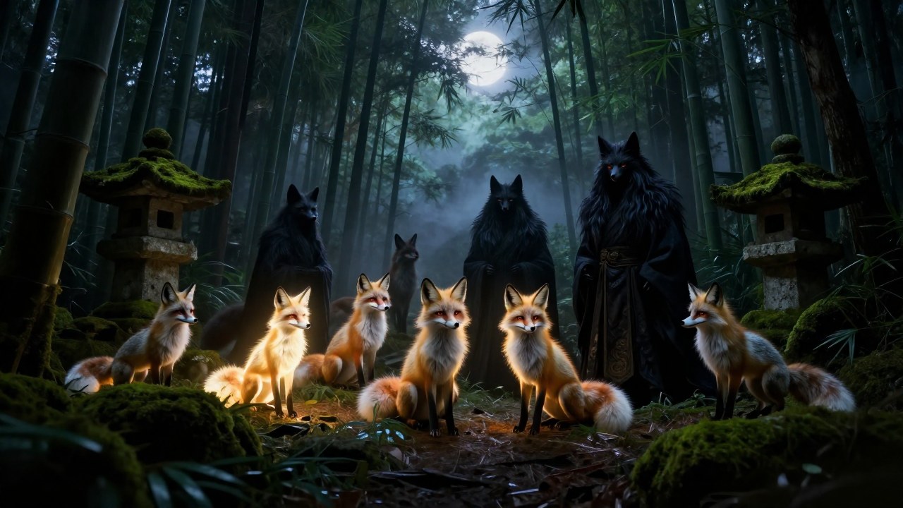 Zorros Kitsune míticos de diversas formas reunidos en un bosque antiguo de Japón.