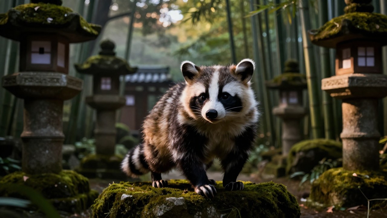 Tanuki en pose traviesa dentro de un denso jardín japonés tradicional adornado con bambú y piedras antiguas.