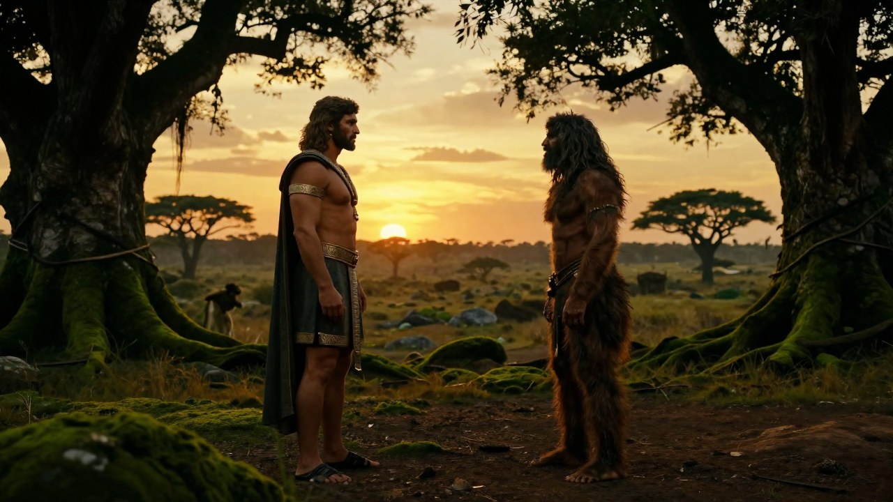 Gilgamesh y Enkidu se encuentran en un paisaje primordial, simbolizando el encuentro entre la civilización y la naturaleza.